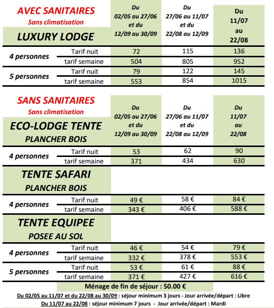 Preise 2023 für Luxury Lodge mit toiletten, Safari-Zelte, Öko-Lodge, und ausgerüstete Camping Zelte.